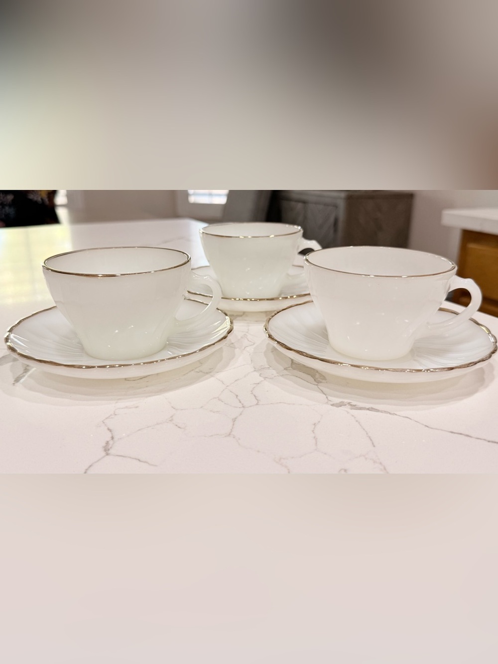 Vintage Fire-King "Swirl" Milk Glass Teacup & Saucer Sets (Gold Rim). Set of 3.